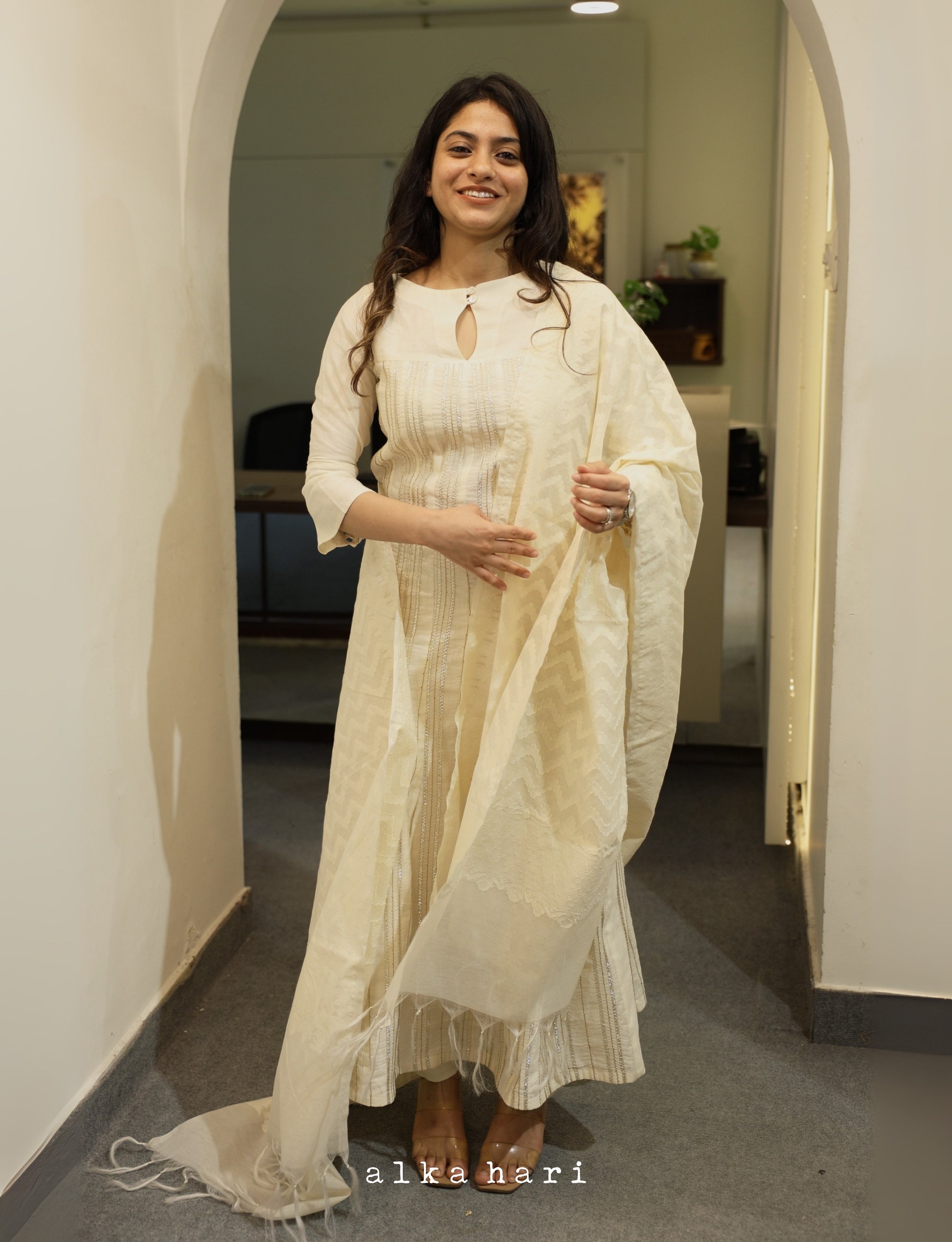 Off White Golden Striped Anarkali with Criss Cross Sleeves